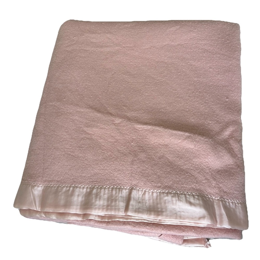 Vintage Pink Blanket Full Satin Trim Acrylic Made in USA 80s 70s 90s Baby Pink